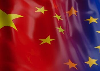 3d rendering China and EU flag waving