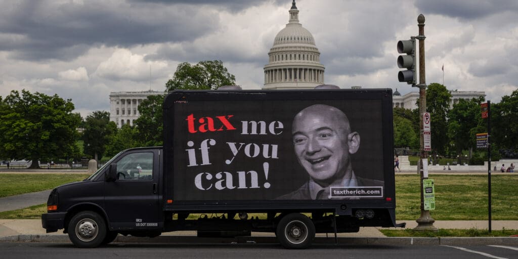 Billionaire businessman Jeff Bezos is depicted on a mobile billboard calling for higher taxes on the ultra-wealthy near the U.S. Capitol on May 17.