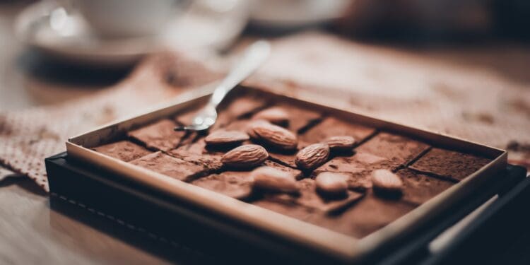 almonds on chocolate bar in box
