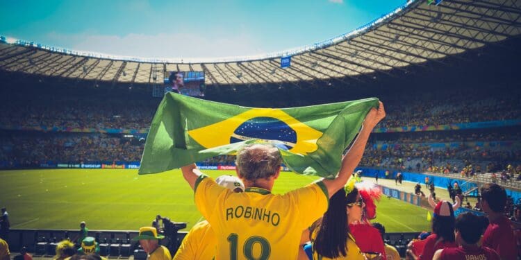man raising brazil flag inside football stadium