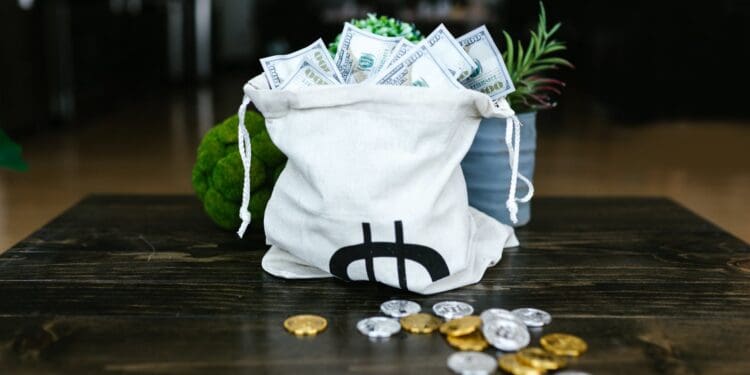 money on a tote bags and coins on the table