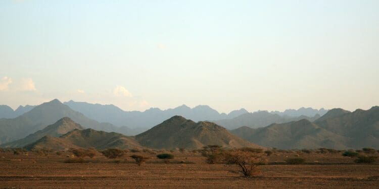 brown field near green mountains under white sky during daytime