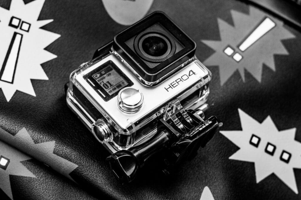 grayscale photo of Go PRO HERO4 action camera