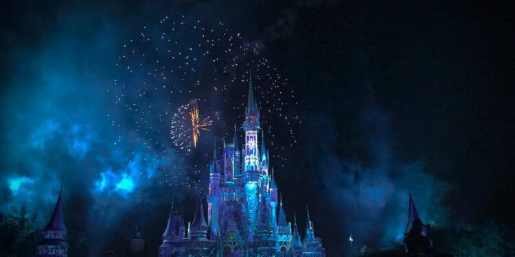 crystal castle with fireworks at night