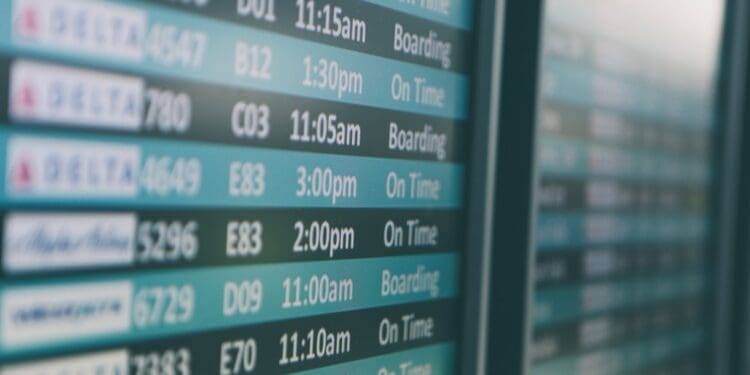 Airport departures timetable showing Delta and Alaska Airlines flights on time and boarding