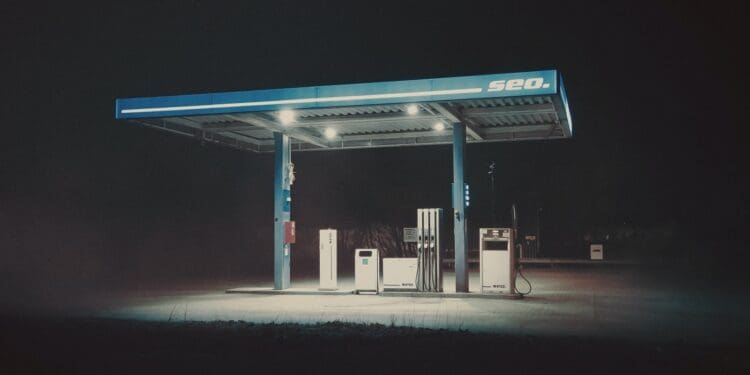 white and blue metal building during night time
