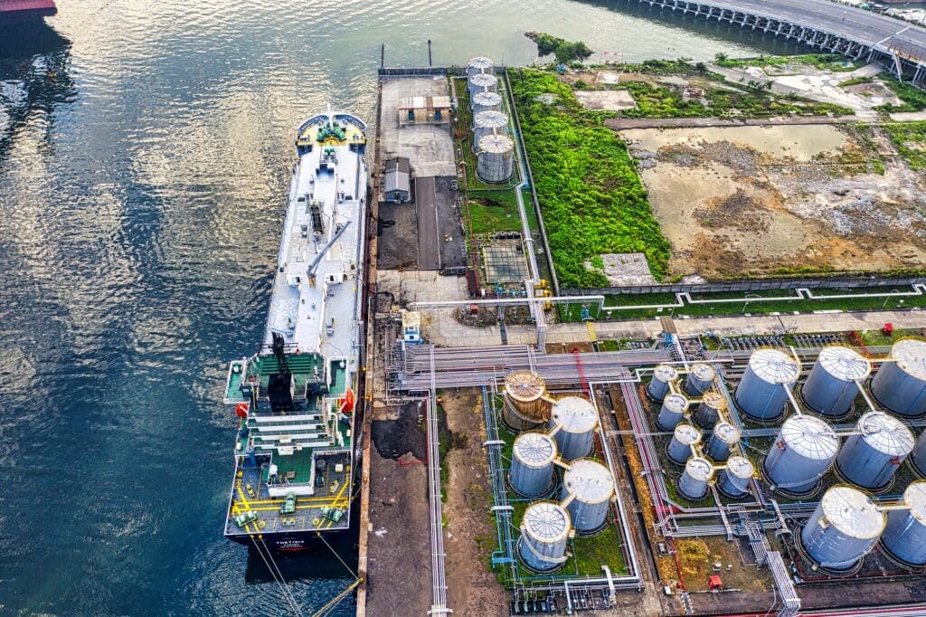 Aerial View of Cargo Ship on Dock