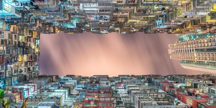 worm's-eye view of buildings painting
