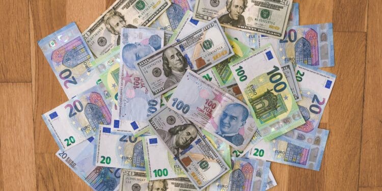 20, 100 Euro (EUR), and 20, 100 Dollar (USD), and 100 Turkish Lira (TRY) banknotes placed on a wooden surface.