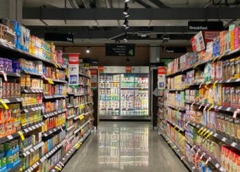 aisle, food, cheese, dairy refrigeration, cookies, biscuit, cereal, tea, coffee, yogurt, almond, rice, soy milk rice, spice, sauce, cereal, quick milk, store shelf shelf,  store, supermarket, supermarket aisle