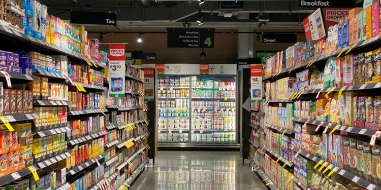 aisle, food, cheese, dairy refrigeration, cookies, biscuit, cereal, tea, coffee, yogurt, almond, rice, soy milk rice, spice, sauce, cereal, quick milk, store shelf shelf,  store, supermarket, supermarket aisle
