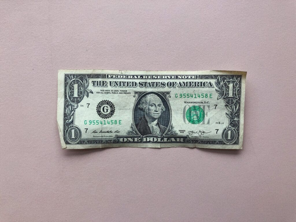 American one dollar bill, United States currency.