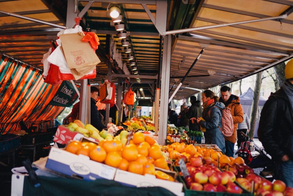 Fruits and vegetables and market in Berlin-Friedrichshain, Germany