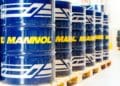 Mannol oil drums, oil barrels in warehouse for industrial editorials, marketing materials.