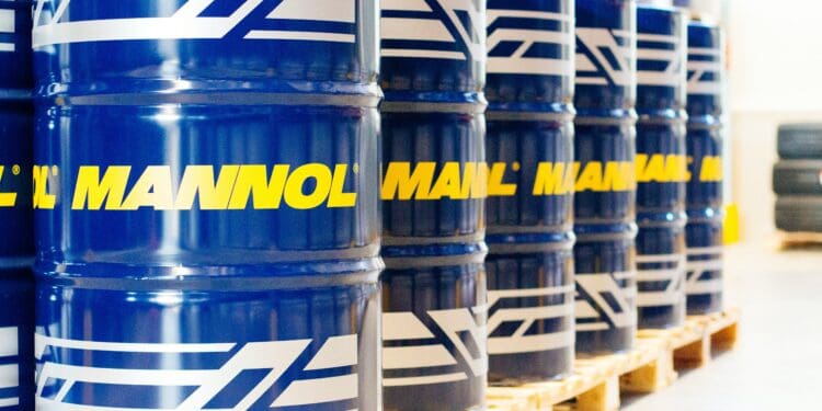 Mannol oil drums, oil barrels in warehouse for industrial editorials, marketing materials.
