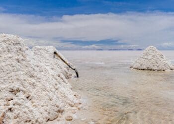 Salt harvest in the Uyuni salt desert in Bolivia