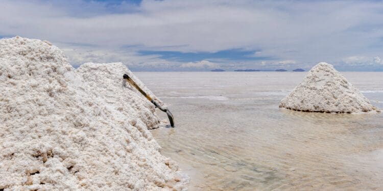 Salt harvest in the Uyuni salt desert in Bolivia