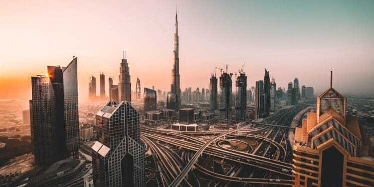 Sunrise shot of Downtown Dubai and Burj Khalifa.