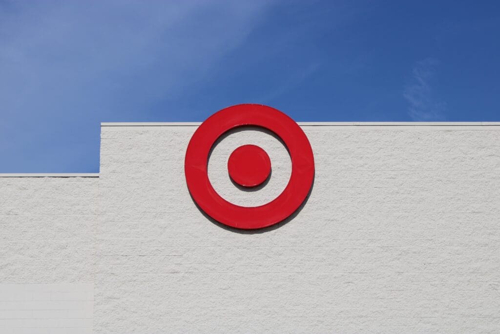 Target logo on side wall against blue sky in Sicklerville, New Jersey.