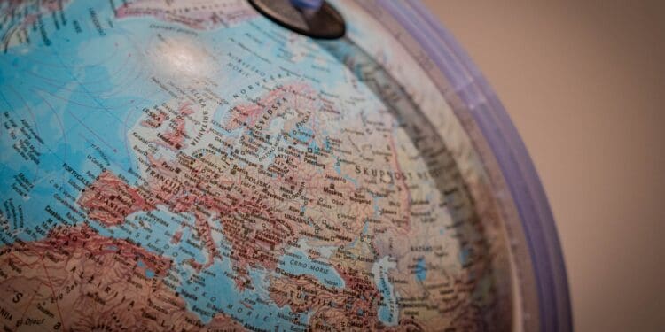 blue and white globe with blue plastic frame