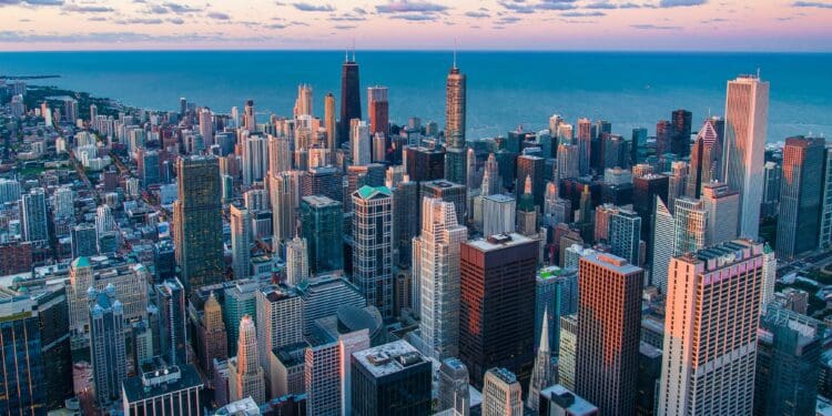 City architecture and skyscrapers near waterfront