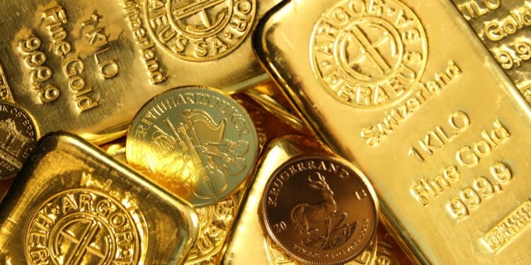 Pile of gold bullion coins and bars. Argor Heraeus, Münze Österreich and Krugerrand. If you use our photos, please add credit to https://zlataky.cz, when possible