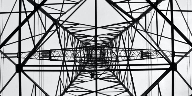 An electricity pylon shot from below