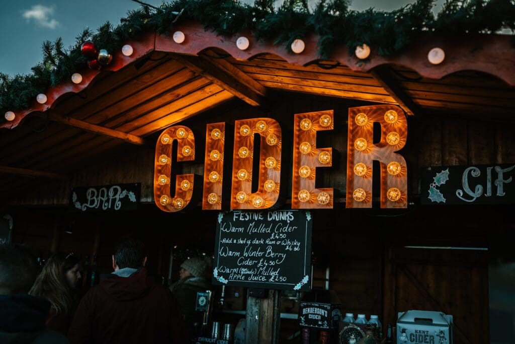 Cider hut at Leeds Castle Christmas Market. I absolutely LOVE the colour these bulbs were giving out.