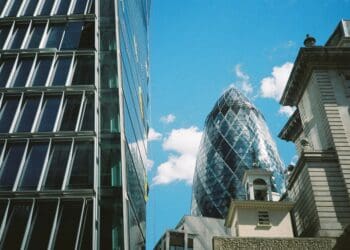 30 St Mary Axe or The Gherkin, in the City of London. Shot on film.
