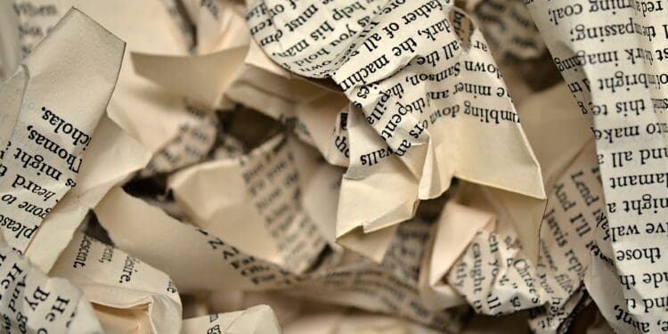 Crumpled pages from a book
