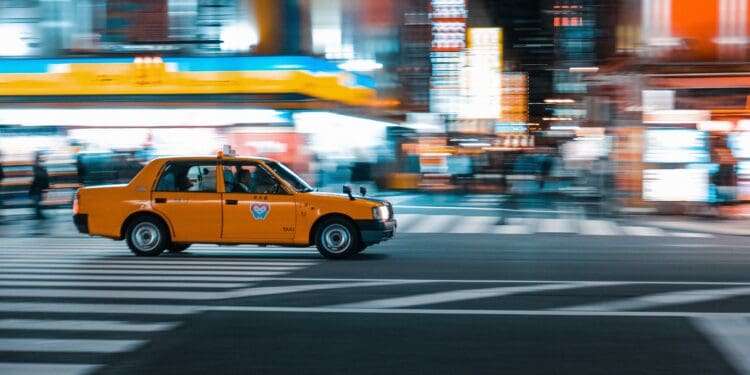 Tokyo Taxi driving through the electronic capital of the world, Akihabara, Tokyo.