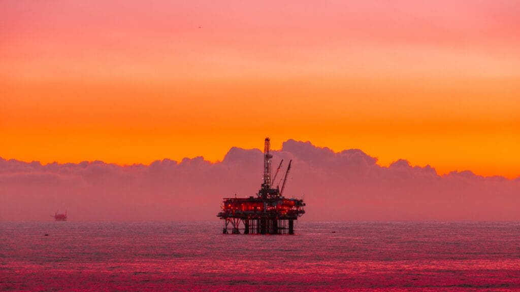 Huntington Beach oil rig off shore with oil spill