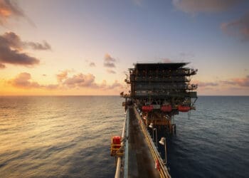 Offshore drilling rig on body of water