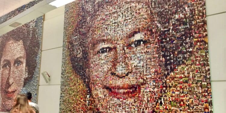 Photomosaic image of Queen Elizabeth II at Gatwick airport, London, UK.