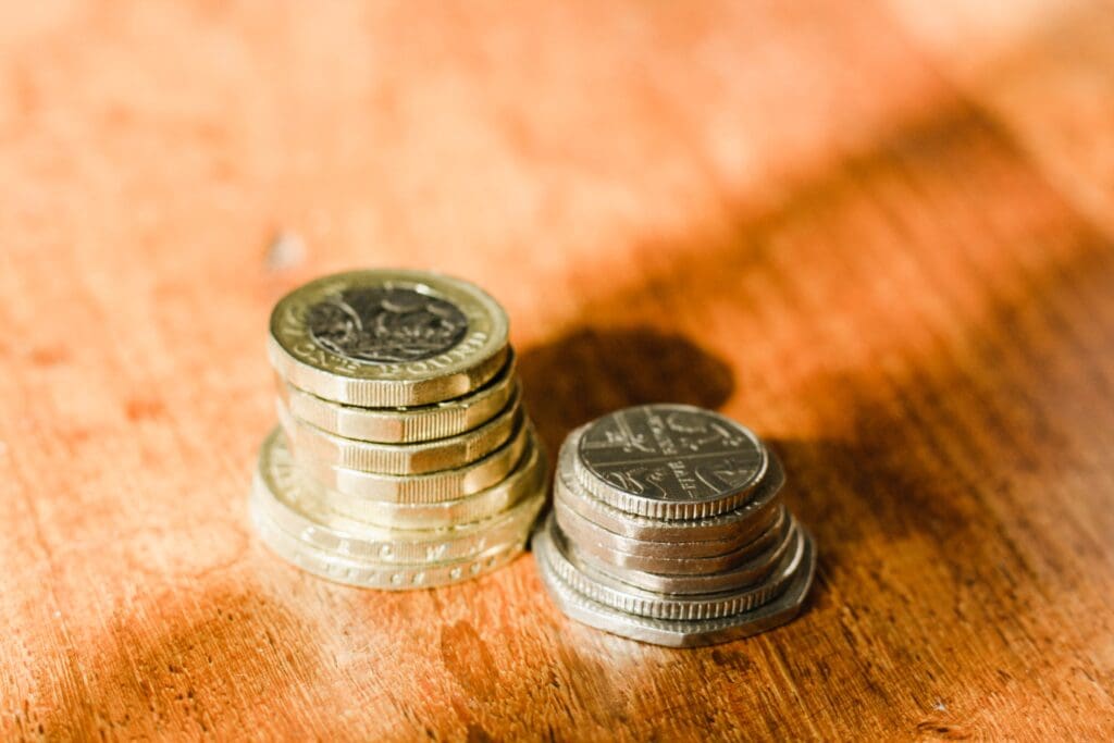 Pound coins and twenty pence pieces UK British sterling