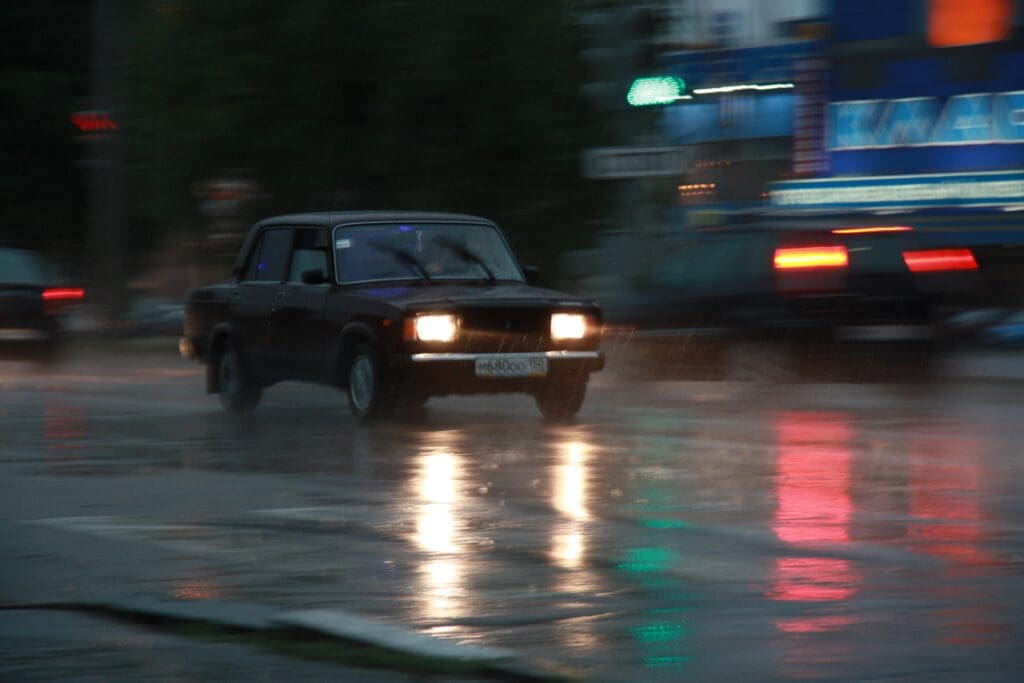 Russian soviet car LADA on rain road