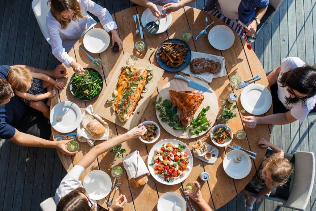 Christmas Feast, Australia, Summer Christmas, Table Spread, Top-down, Ham, Salmon, Vegetables, Celebration, Event, Family Gathering, Gathering, Recipe by Jacob Leung