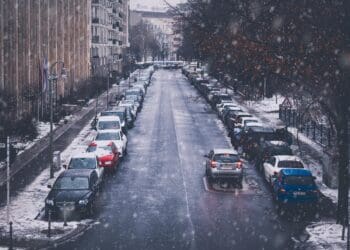 city, road, snowfall