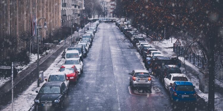 city, road, snowfall