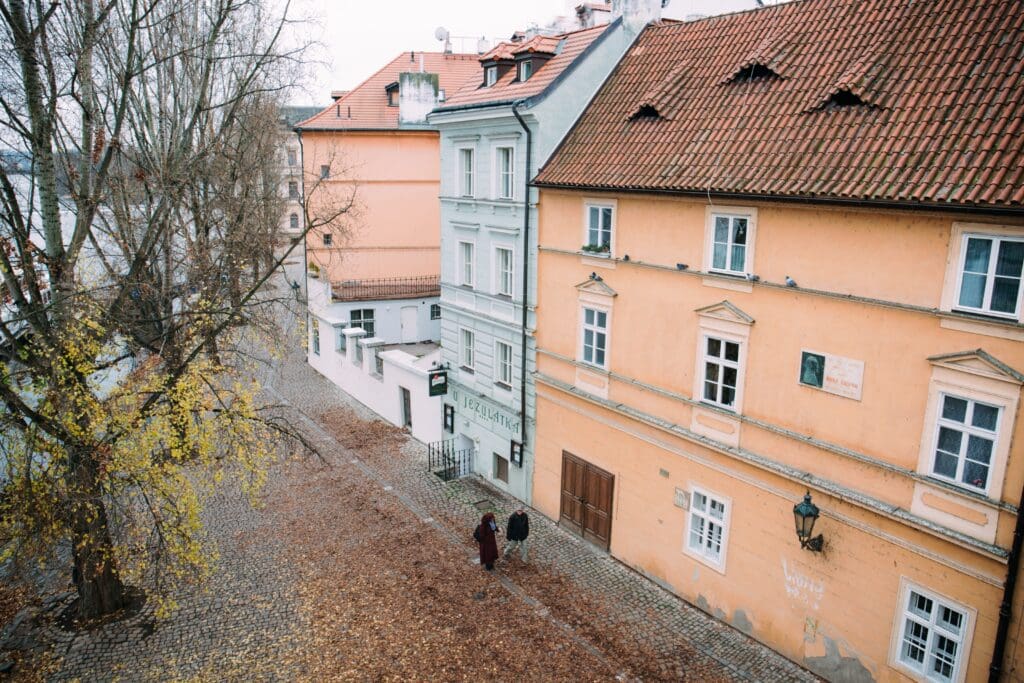 Cobblestone street and houses