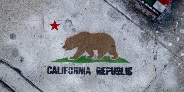 Stencil graffiti on the sidewalk, showing the flag of California.