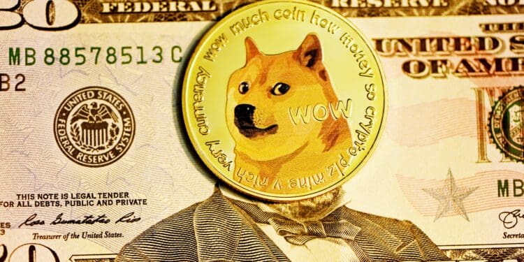 The famous Shiba Inu meme coin, Dogecoin, placed on top of a $50 bill.