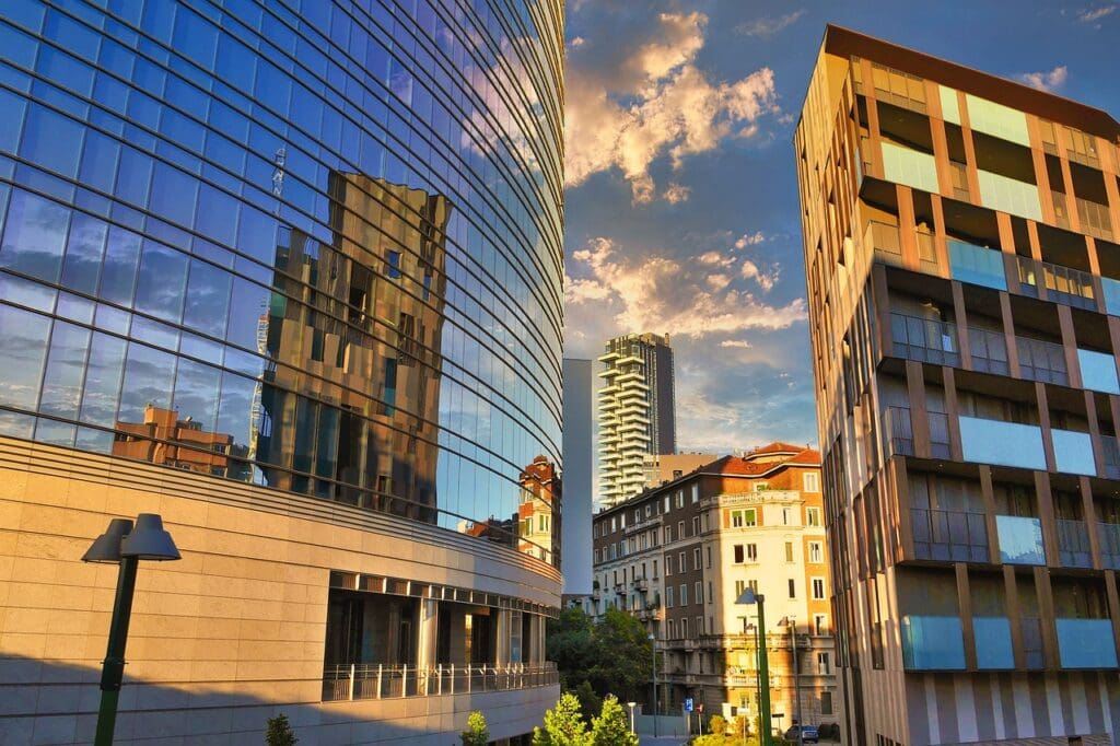 buildings, facade, reflection
