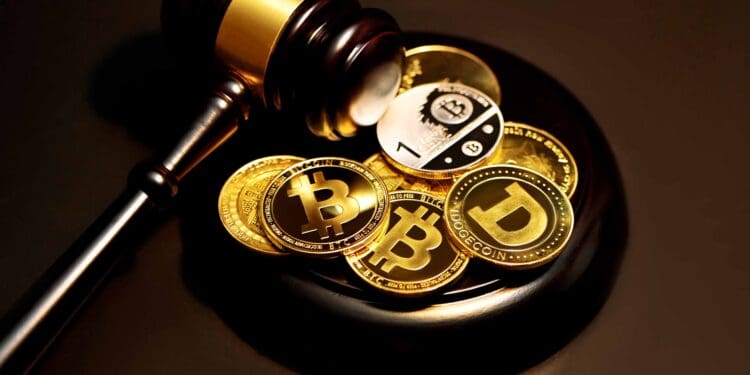 Crypto coins next to a court hammer