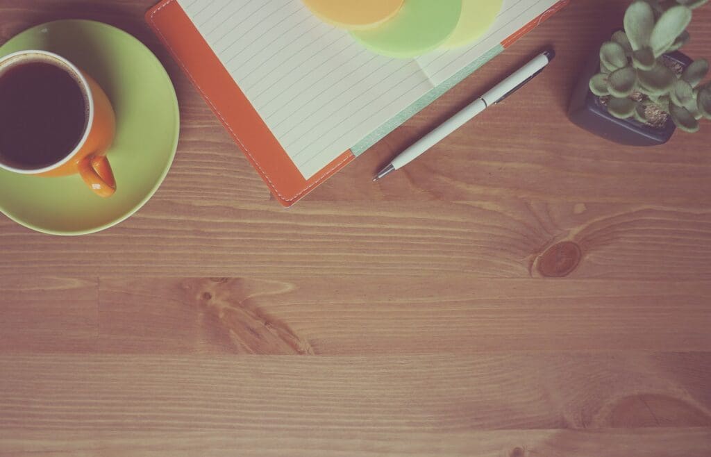 coffee, notebook, wooden