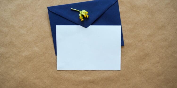 Top View / Mock up Card Template with Envelope & Flower - Displayed on Craft Paper