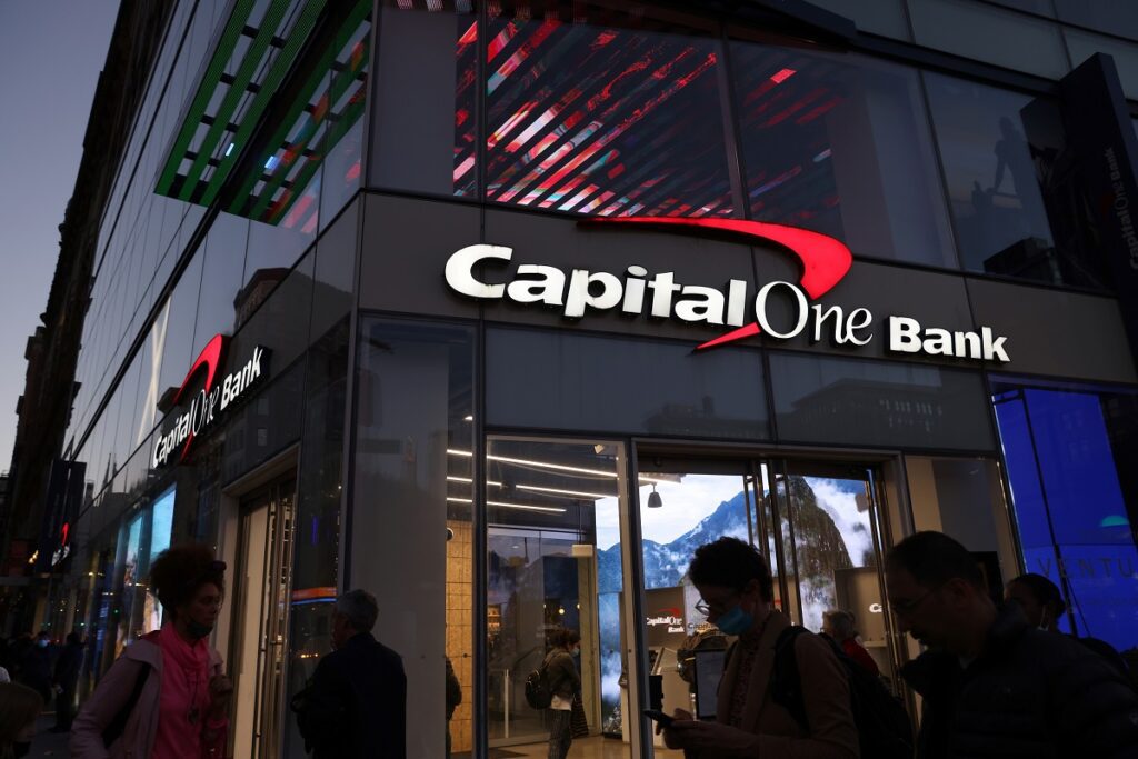 FILE PHOTO: Signage is seen outside a Capital One Bank in Manhattan, New York, U.S., November 12, 2021. REUTERS/Andrew Kelly/File Photo