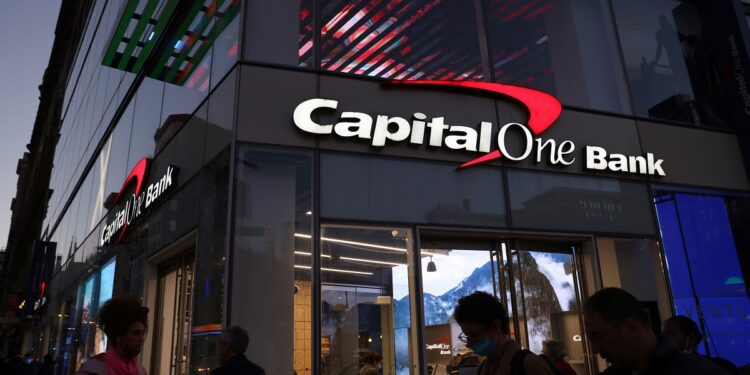 FILE PHOTO: Signage is seen outside a Capital One Bank in Manhattan, New York, U.S., November 12, 2021. REUTERS/Andrew Kelly/File Photo