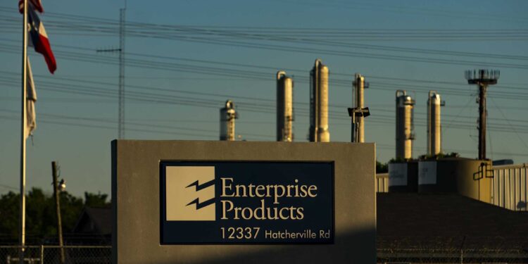 The entrance to an Enterprise Products facility, Wednesday, May 5, 2021, in Mont Belvieu.