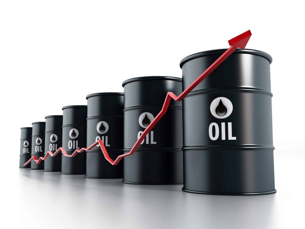 Black oil barrels with red arrow illustrating rising oil prices